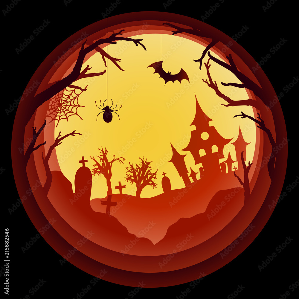 Paper art Halloween background with haunted house, cemetery with graves, dead tree branches. Modern paper cut style flyer or invitation template for halloween party. Yellow light lamp
