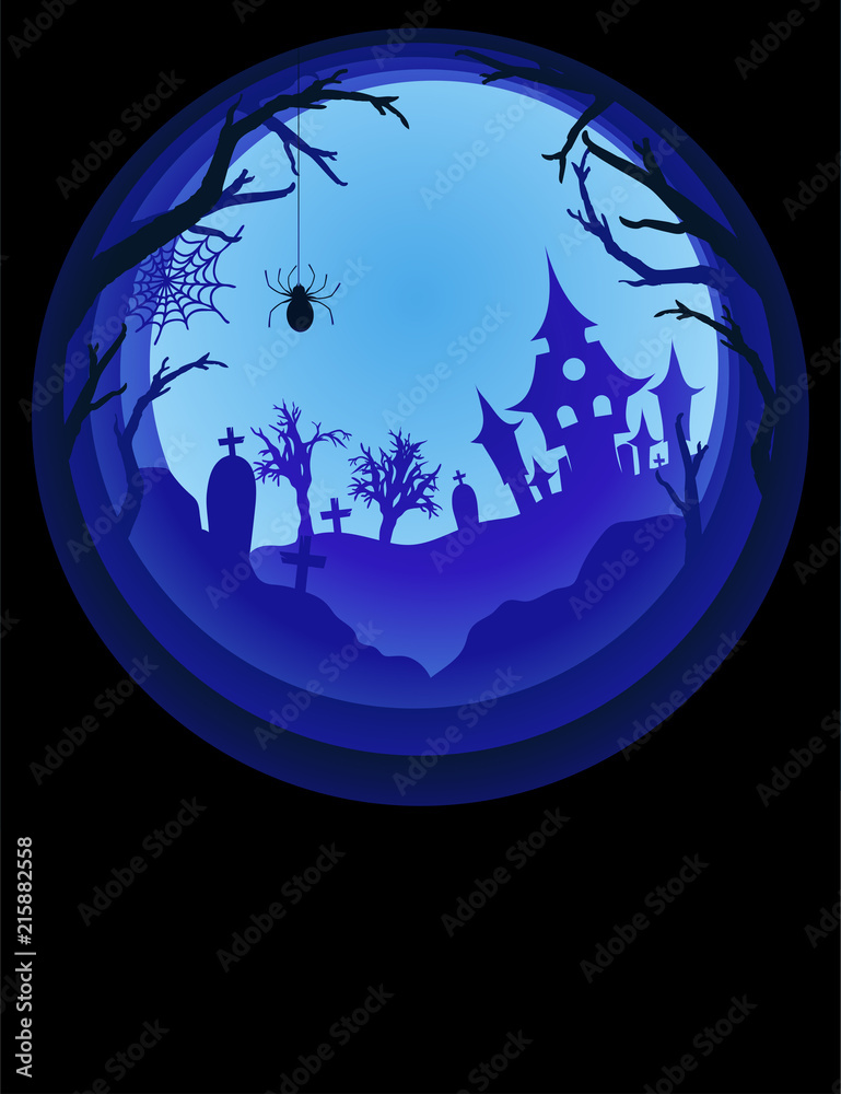 Paper art Halloween background with haunted house, cemetery with graves, dead tree branches. Modern paper cut style flyer or invitation template for halloween party. Blue light lamp