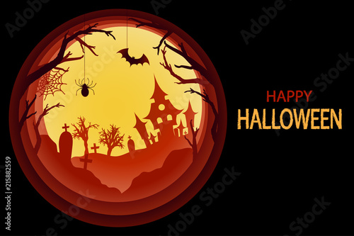Paper art Halloween background with haunted house, cemetery with graves, dead tree branches. Modern paper cut style flyer or invitation template for halloween party. Yellow light lamp