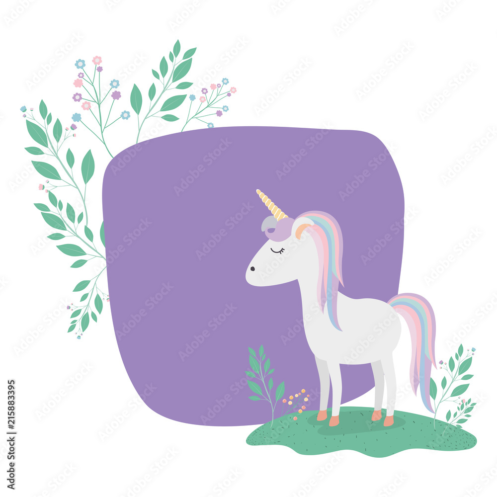 frame decorative with unicorn and flowers vector illustration design