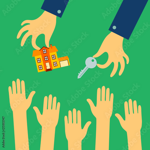 Vector flat concept of real estate. Agent sells a house with agiotage