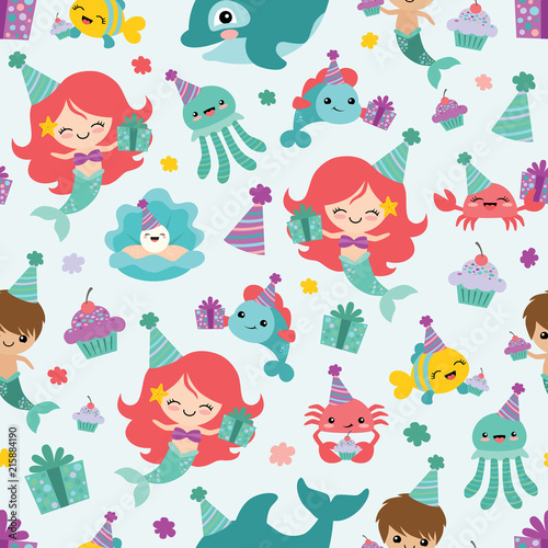 Vector Mermaid Birthday Sea Friends Seamless Pattern Background
