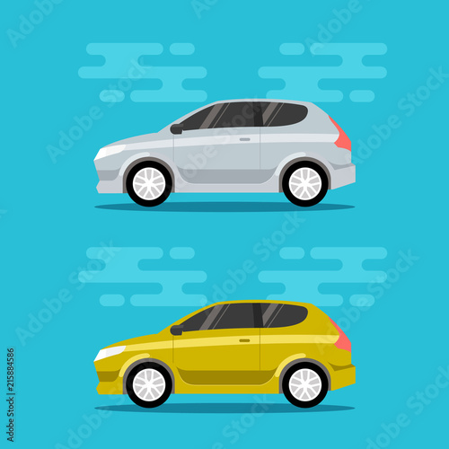 Fototapeta Naklejka Na Ścianę i Meble -  Hatchback cars in flat color style. City mini vehicle transportation icons. Vector illustrations.