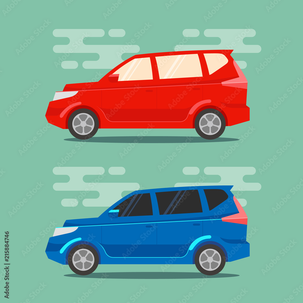 Red and blue minivans in flat color style. Multi purpose vehicle transportation icons. Vector illustrations.