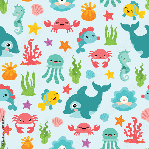 Vector Cute Sea Animals Seamless Pattern Background