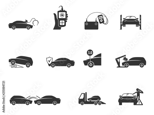 Car repair icons in black and white. Automotive vehicle maintenance service. Vector illustrations.