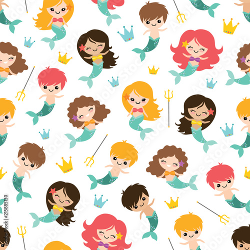 Vector Mermaids and Mermen Seamless Pattern Background