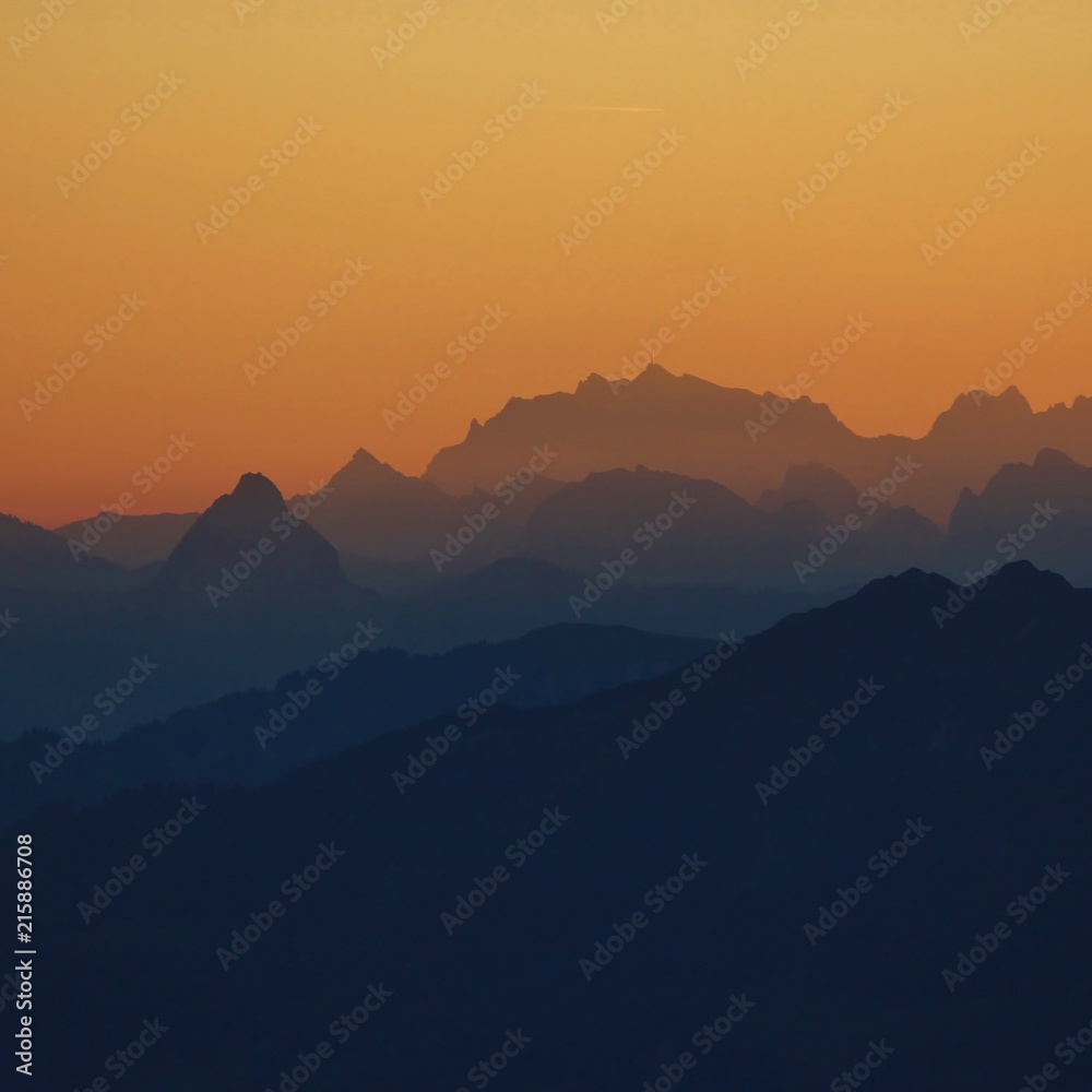 Outlines of Mount Grosser Mythen, Mount Säntis and other mountains of the Swiss Alps.