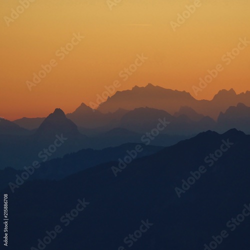 Outlines of Mount Grosser Mythen, Mount Säntis and other mountains of the Swiss Alps.