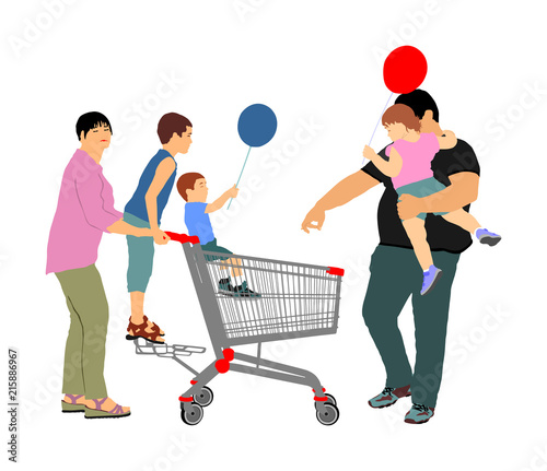 Family doing everyday grocery shopping with shopping basket at supermarket, vector isolated. Man and woman with kids usual after work with consumer bag buy food and another goods. Empty shopping cart.