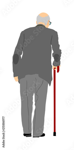 Happy elderly senior walking alone vector isolated on white . Old man person with stick. Mature old people active life. Grandfather outdoor in park. Health care in nursing home. Loneliness  worried.