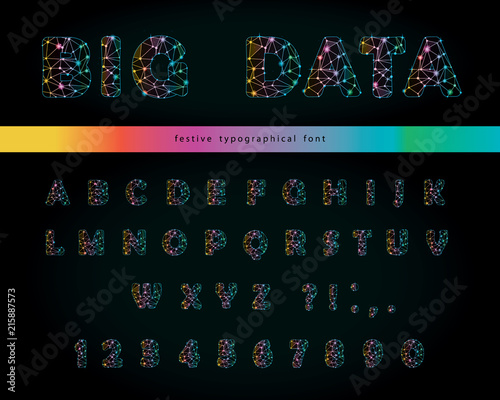 Big data modern font on black background. Polygonal letters and numbers with sparkle dots and connection lines. Starry sky texture. Vector