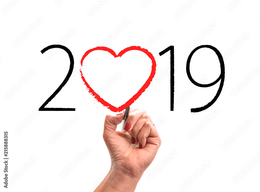 happy new year 2019 on white background, hand draws 2019 with heart happy new year 2019 on white background, hand draws 2019 with heart
