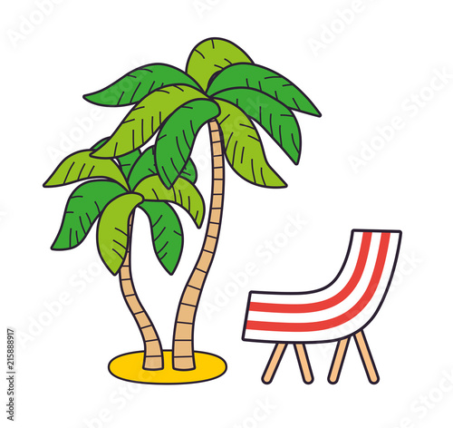 Two palm trees and beach deck chair isolated. Tropical sea summer vacation resort icon.