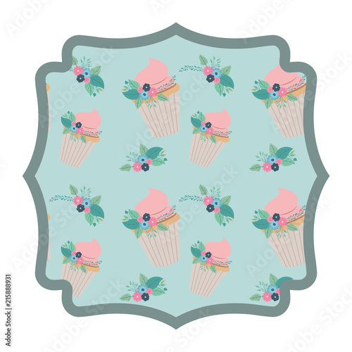 elegant frame with flowers and cupcake pattern vector illustration design