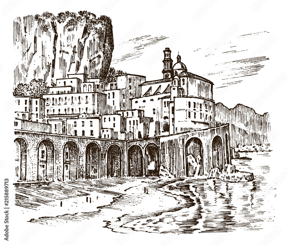Historical architecture with buildings, perspective view. Landscape in European city Atrani in Italy. Engraved hand drawn in old sketch and monochrome vintage style. Travel postcard.