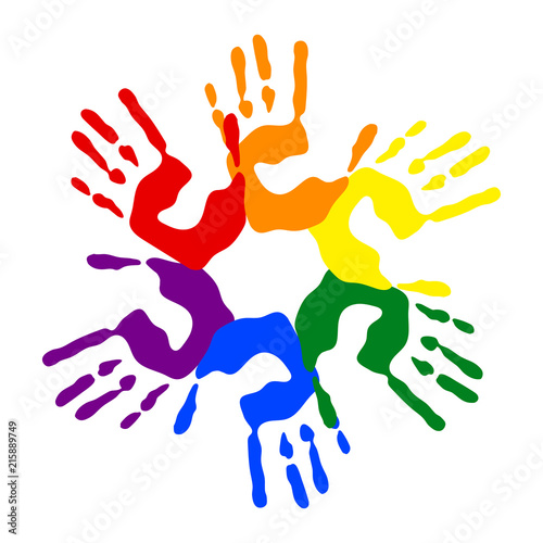Hand stamps colored in LGBT colors, rainbow palms, vector