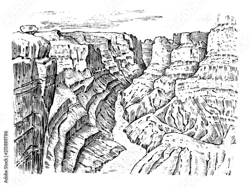 Grand Canyon in Arizona, United States. Graphic monochrome landscape. Engraved hand drawn old sketch. Mountain peaks with forest. Vector illustration for a poster or label.
