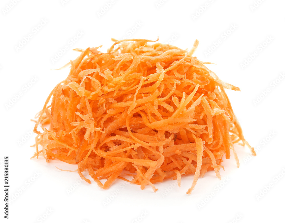 Grated ripe carrot on white background Grated ripe carrot on white background
