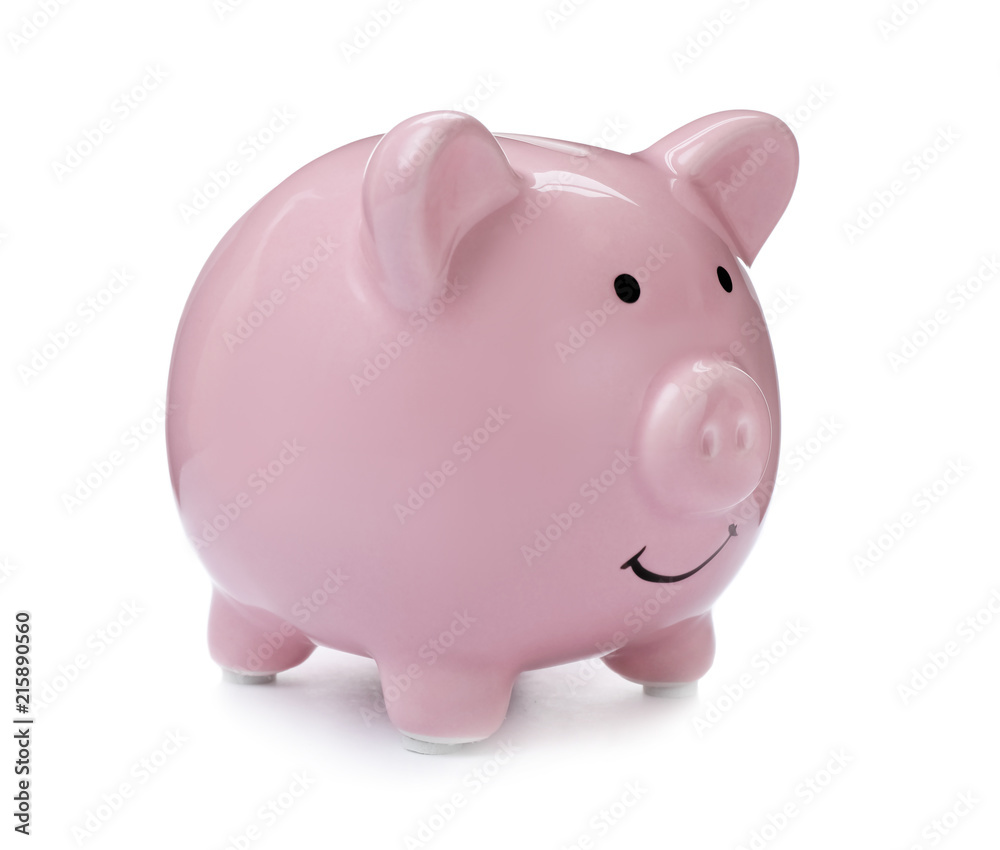 Pink piggy bank on white background. Money saving