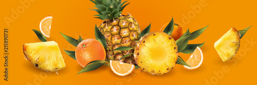 Pineapple and oranges on a orange background