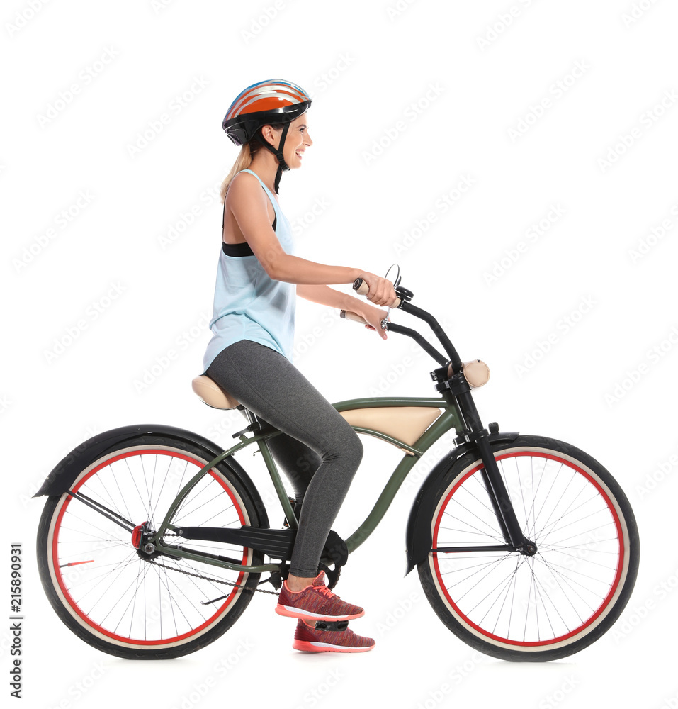 Portrait of sporty woman with bicycle on white background Portrait of sporty woman with bicycle on white background