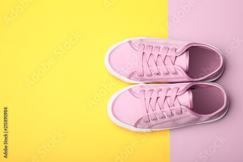 Stylish new shoes on color background, top view