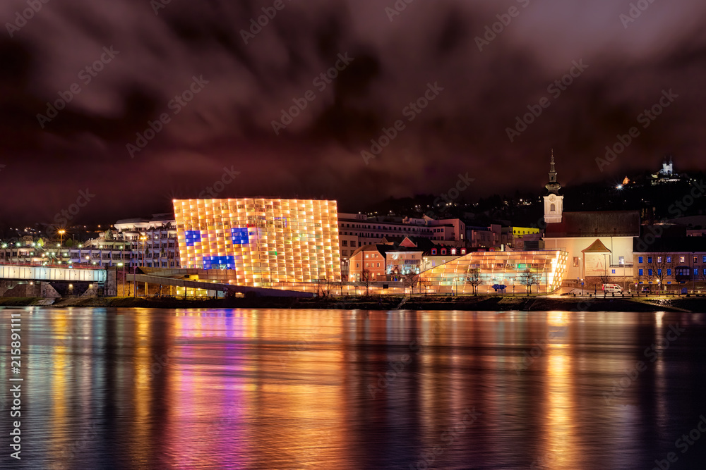 Fototapeta premium Linz city lights, churches, Ars electronica center