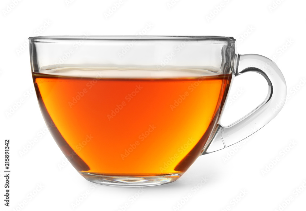 Glass cup of hot aromatic tea on white background - obrazy, fototapety, plakaty 