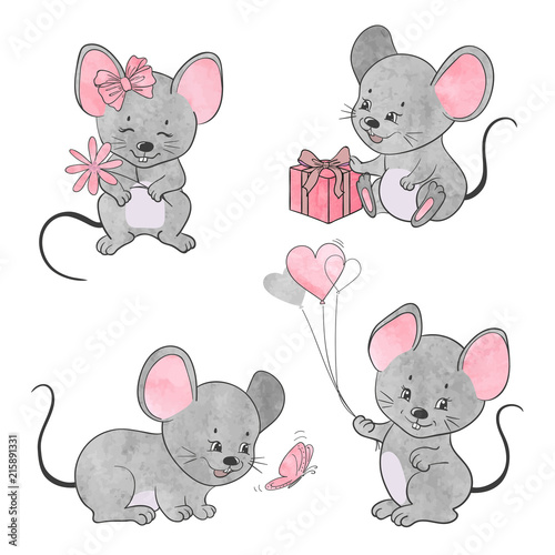 Set of cute little cartoon mice. Vector watercolor mouse collection.