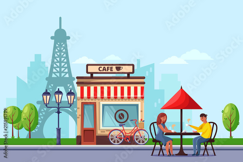 Young couple in Paris street cafe vector flat illustration. Man and woman drinking coffee on romantic dating.