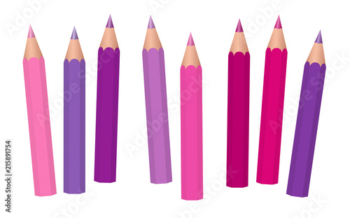 Pink, purple, magenta and violet girl power crayons - short pencils loosely arranged - isolated vector illustration on white background.