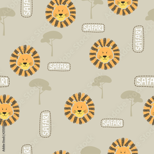 Cute lion head seamless pattern. Vector safari background for kids.