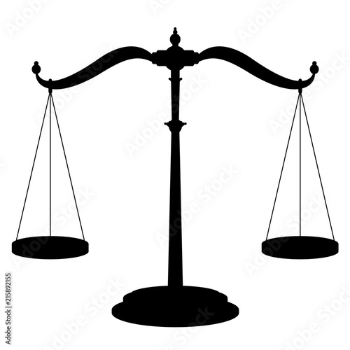 Balance scale icon - symbol of weighing device with two hanging pans perfectly balanced - black isolated vector illustration on white background.