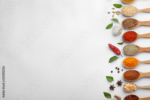Fototapeta Naklejka Na Ścianę i Meble -  Composition with different aromatic spices in wooden spoons on white background
