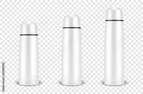 Vector realistic 3d different size - small, medium, large - white empty glossy metal or plastic vacuum thermo tumbler flask icon set closeup on transparency grid background. Design template of