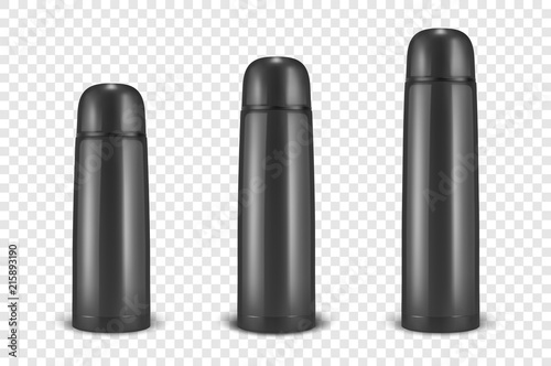 Vector realistic 3d different size - small, medium, large - black empty glossy metal or plastic vacuum thermo tumbler flask icon set closeup on transparency grid background. Design template of