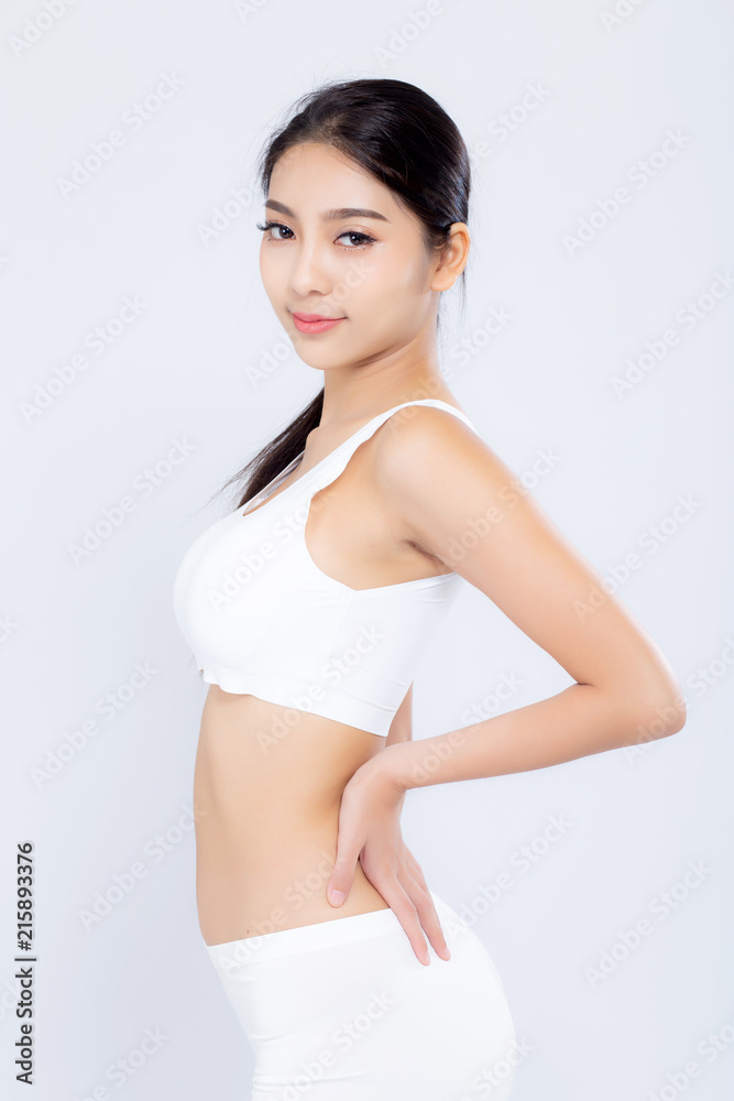 Portrait young asian woman smiling beautiful body diet with fit isolated on white background, model girl weight slim with cellulite or calories, health and wellness concept. Portrait young asian woman smiling beautiful body diet with fit isolated on white background, model girl weight slim with cellulite or calories, health and wellness concept.