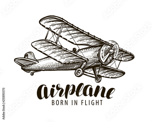 Flying airplane, biplane. Vintage sketch vector illustration
