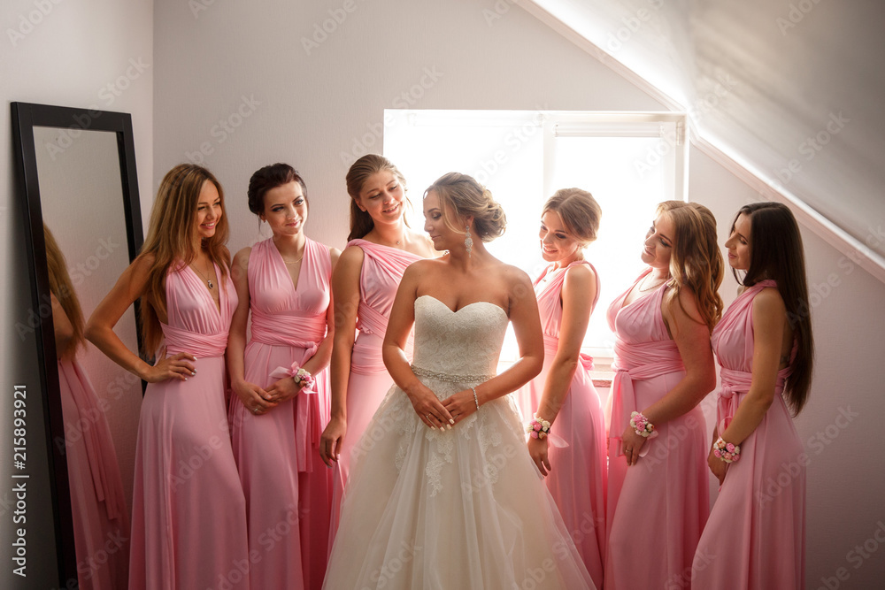 Bride and bridesmaids in pink dresses posing at wedding day. Happy marriage and wedding party concept Bride and bridesmaids in pink dresses posing at wedding day. Happy marriage and wedding party concept