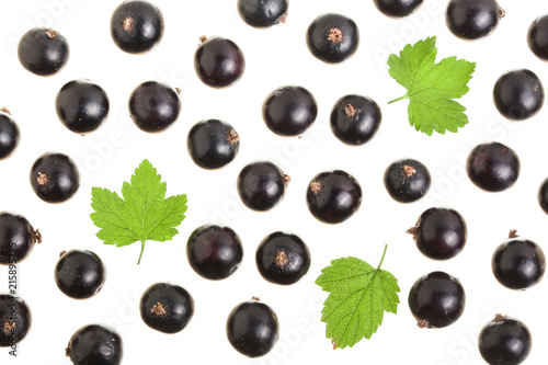 black currant with leaf isolated on white background. Top view. Flat lay pattern