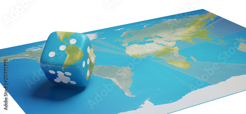 world map with cube dice am...