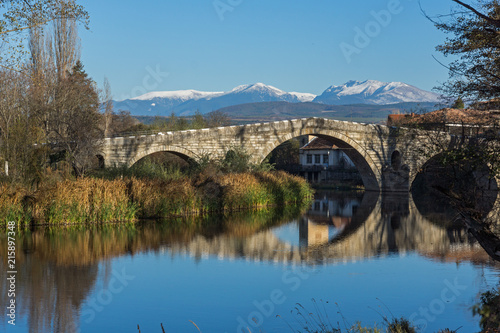 Autumn view of Kadin most - a 15th-century stone arch bridge over the Struma River at Nevestino, Kyustendil Province, Bulgaria