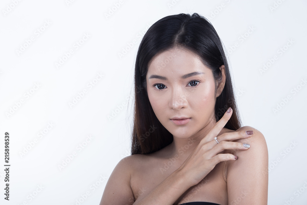 Clean Skin Woman straight black hair with Smooth pose open shoulder smile