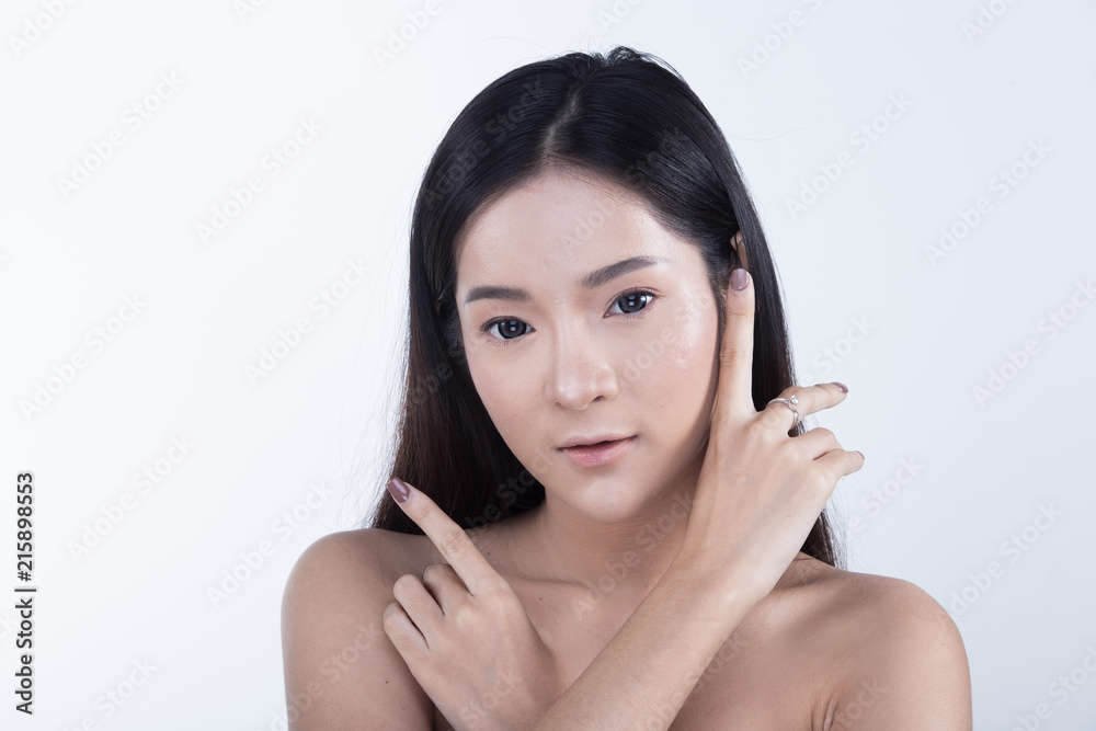 Clean Skin Woman straight black hair with Smooth pose open shoulder smile Clean Skin Woman straight black hair with Smooth pose open shoulder smile