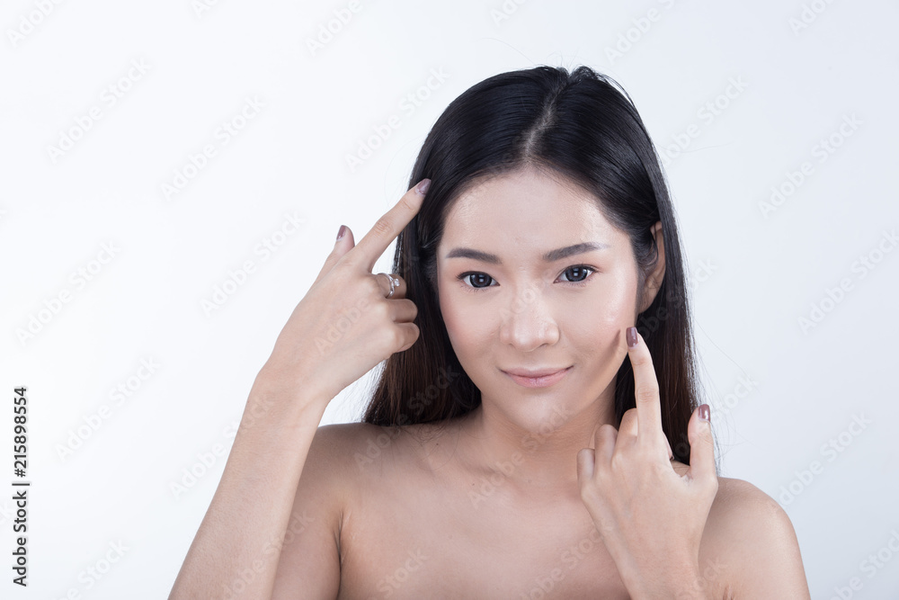 Clean Skin Woman straight black hair with Smooth pose open shoulder smile Clean Skin Woman straight black hair with Smooth pose open shoulder smile