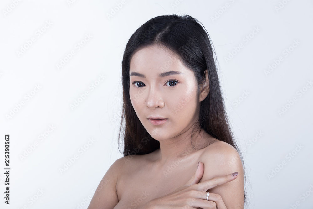 Clean Skin Woman straight black hair with Smooth pose open shoulder smile Clean Skin Woman straight black hair with Smooth pose open shoulder smile