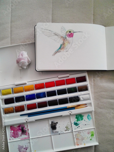 Hummingbird pencil sketch in a sketchbook, in the process of being colored in with watercolor paint photo