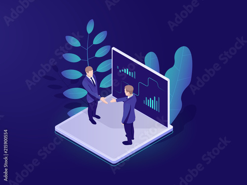 Business automated analytic system isometric icon, businessman hold a meeting, strategy formulation, chart analysis and trading, virtual graphics vector neon