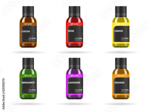 Essential oil in glass jar. Vector packaging design template and emblem - beauty, medical and cosmetic oil. Mock up vial of orange, lavender, cocoa, lemon, bergamot and rose oil essence.